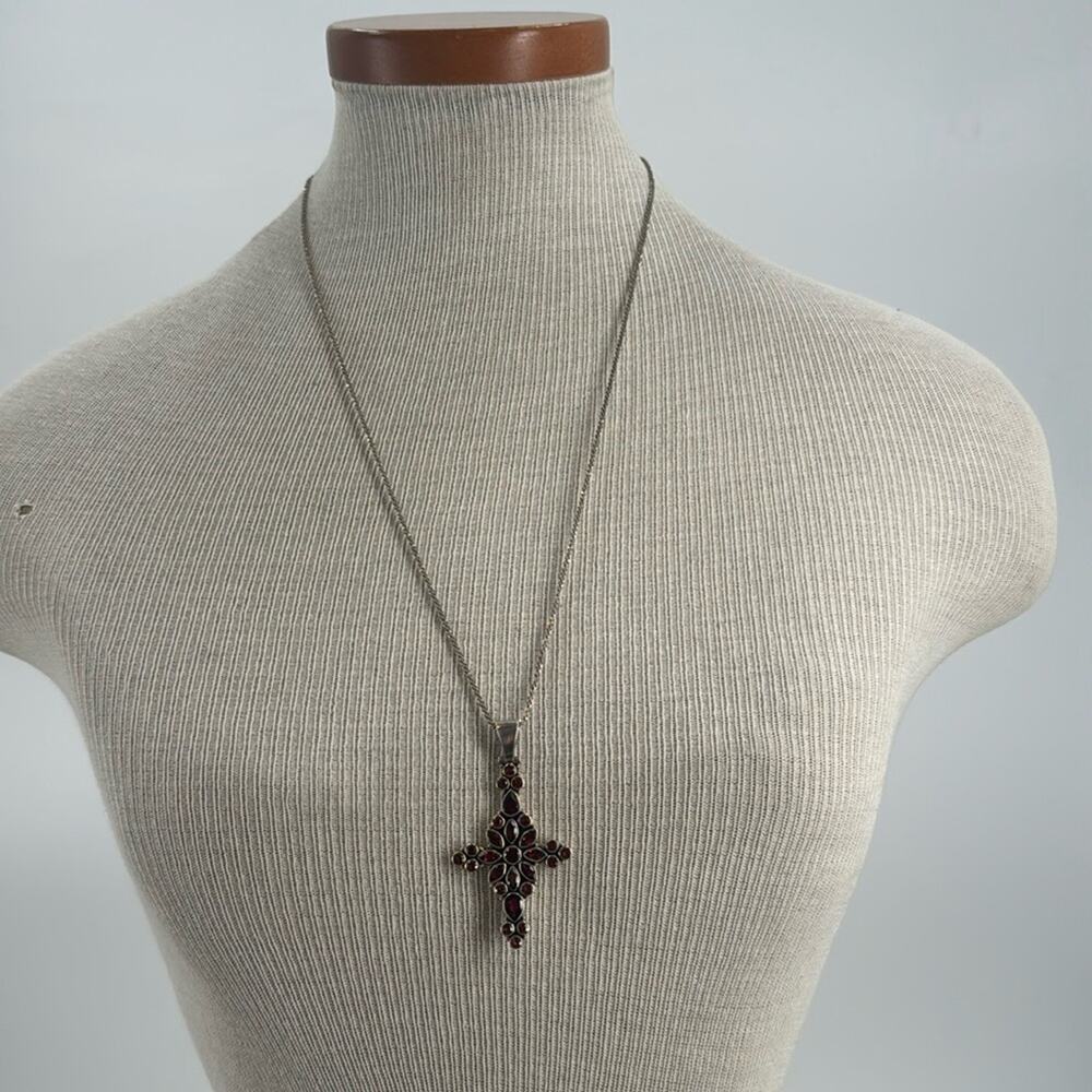 Sterling silver garnet encrusted cross pendant necklace